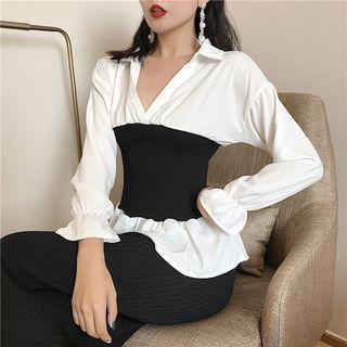 Mock Two-pieces Color- Block V-neck Blouse Top - One Size