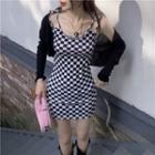 Strappy Plaid Mini Sheath Dress / Cardigan