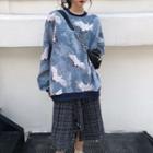 Crane Print Sweatshirt / Plaid Midi A-line Skirt