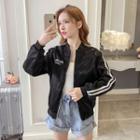 Striped Letter Embroidered Zip Jacket