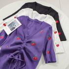 Elbow-sleeve Cherry Embroidered Drawstring Top