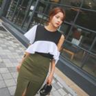 Crew-neck Contrast Ruffle-trim Top