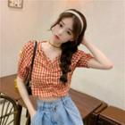 Plaid Shirred Short-sleeve Cropped Top