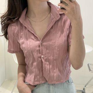 Short-sleeve Plain Ruched Cropped Shirt