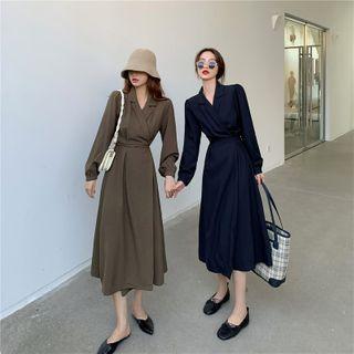 Plain Collared Wrap Long-sleeve Shirtdress