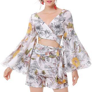Set: Bell-sleeve Floral Print Wrap Chiffon Crop Top + Shorts