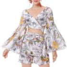Set: Bell-sleeve Floral Print Wrap Chiffon Crop Top + Shorts