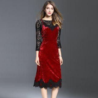 Lace Panel Velvet Midi Sheath Dress