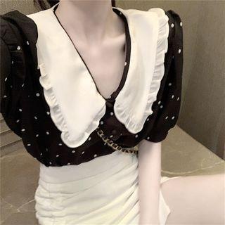 Collared Short-sleeve Blouse / A-line Skirt