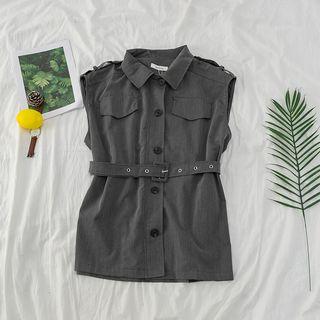 Front Pocket Sleeveless Vest With Belt Gray - One Size