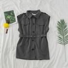 Front Pocket Sleeveless Vest With Belt Gray - One Size
