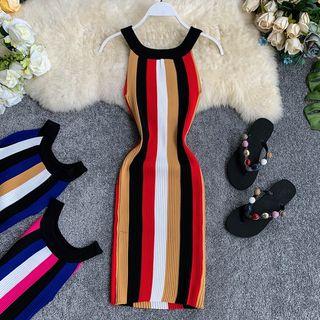Sleeveless Striped Midi Knit Sheath Dress