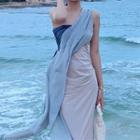 One-shoulder Two-tone Maxi Sheath Dress