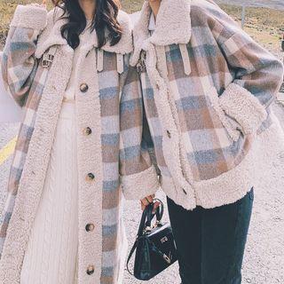 Color Block Plaid Single-breasted Fleece Coat
