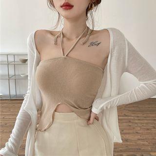 Halter-neck Asymmetrical Trim Bralette Top Khaki - One Size