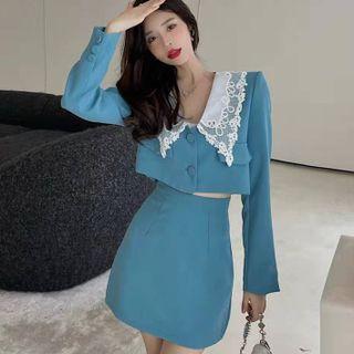 Lace Panel Cropped Blazer / Plain A-line Skirt