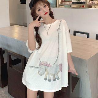 Elbow-sleeve Rhinestone Unicorn T-shirt