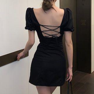 Short-sleeve Lace Up Open Back Mini Sheath Dress Black - One Size