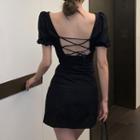 Short-sleeve Lace Up Open Back Mini Sheath Dress Black - One Size