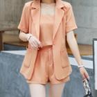Set: Short-sleeve One-button Blazer + Camisole Top + Shorts