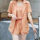 Set: Short-sleeve One-button Blazer + Camisole Top + Shorts