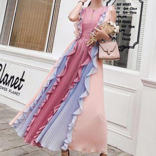 Contrast Color Ruffle Trim Sleeveless Maxi A-line Dress
