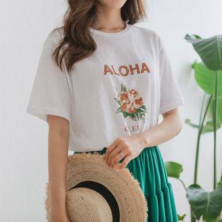 Lettering Flower Print T-shirt