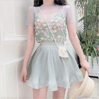 Mesh Top / Spaghetti Strap Top / A-line Mini Skirt