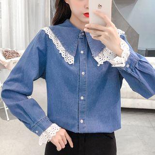 Long-sleeve Lace Trim Denim Blouse