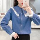 Long-sleeve Lace Trim Denim Blouse