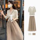 Short-sleeve Lace Trim Dotted Blouse / Midi A-line Skirt / Set