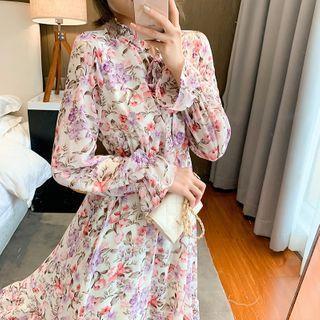 Long-sleeve Flower Print Midi A-line Dress / Cable-knit Sweater Vest / Set