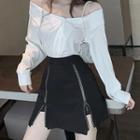 Long-sleeve Cold Shoulder Shirt / Zip Mini A-line Skirt