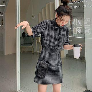 Set: Checked Tie-neck Short-sleeve Shirt + Mini A-line Skirt