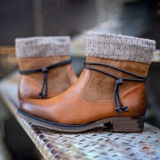 Faux Leather Knit Panel Block-heel Chelsea Boots