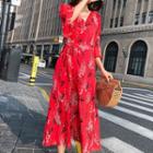 Flower Print Elbow-sleeve Midi Wrap Chiffon Dress