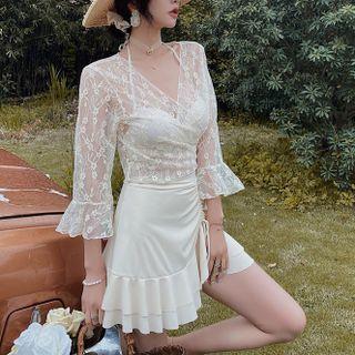 Set: Halter Bikini Top + Swim Skirt + Bell-sleeve Cover-up