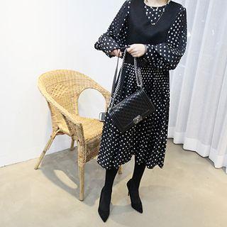 Polka-dot Pleated Long Flare Dress