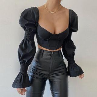 Lace-up Long Puff-sleeve Crop Top