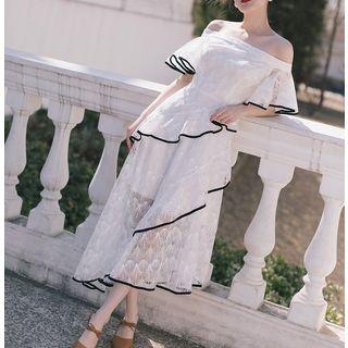 Short-sleeve Contrast Trim Lace Midi Dress