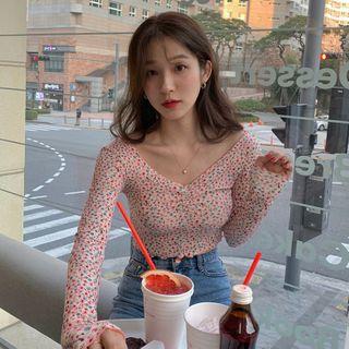 Floral Print Lettuce Edge Long-sleeve Ribbed T-shirt As Shown In Figure - One Size