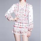 Set: Long-sleeve Print V-neck Blouse + Shorts