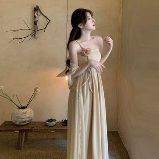 One-shoulder Flower Detail Midi A-line Dress Almond - One Size