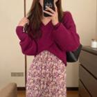 V-neck Sweater / Floral Midi A-line Dress