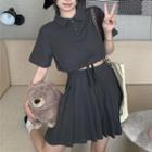 Short-sleeve Crop Polo Shirt / Pleated A-line Skirt