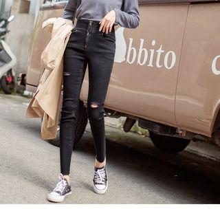 Zipper High Waist Ripped Skinny Jeans