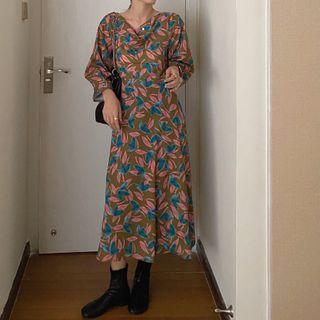 Long-sleeve Lace-up Color Block Dress