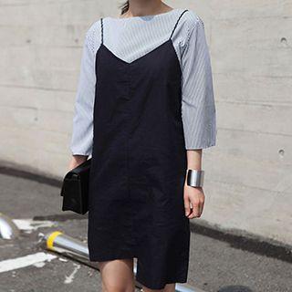 Set: Striped 3/4-sleeve Top + Spaghetti Strap Asymmetrical Shift Dress