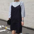 Set: Striped 3/4-sleeve Top + Spaghetti Strap Asymmetrical Shift Dress