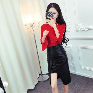 Set: Faux Pearl Slit-sleeve Top + Faux Leather Slit Pencil Skirt